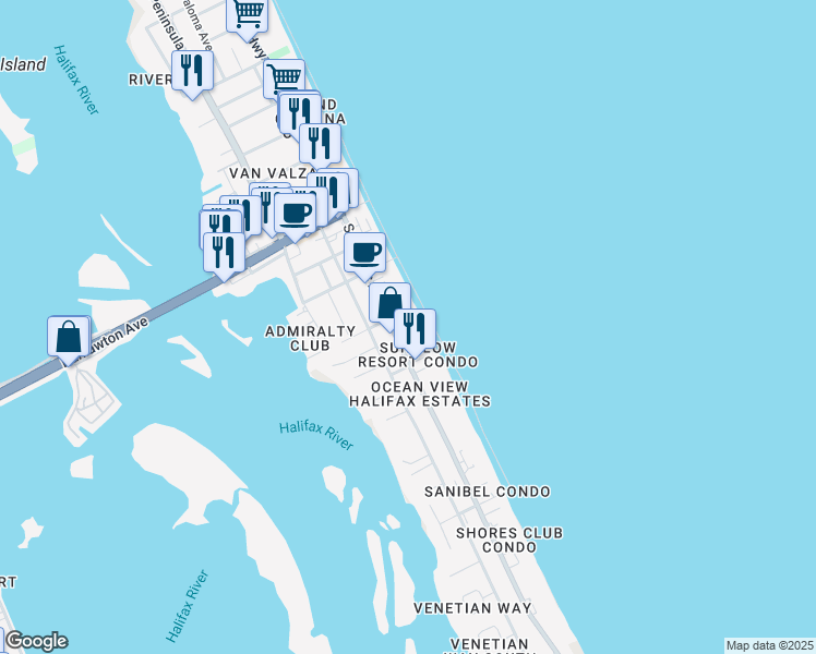 map of restaurants, bars, coffee shops, grocery stores, and more near 3635 South Atlantic Avenue in Daytona Beach Shores