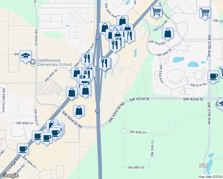 map of restaurants, bars, coffee shops, grocery stores, and more near 3635 Oceola Parkway in Ocala