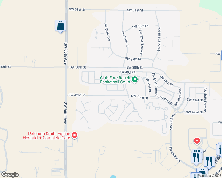 map of restaurants, bars, coffee shops, grocery stores, and more near 5639-5645 Southwest 40th Place in Ocala