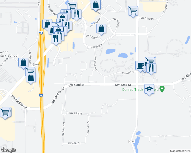 map of restaurants, bars, coffee shops, grocery stores, and more near 4100 Southwest 33rd Avenue in Ocala