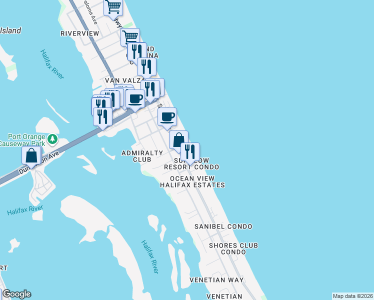 map of restaurants, bars, coffee shops, grocery stores, and more near 3621 South Atlantic Avenue in Daytona Beach Shores