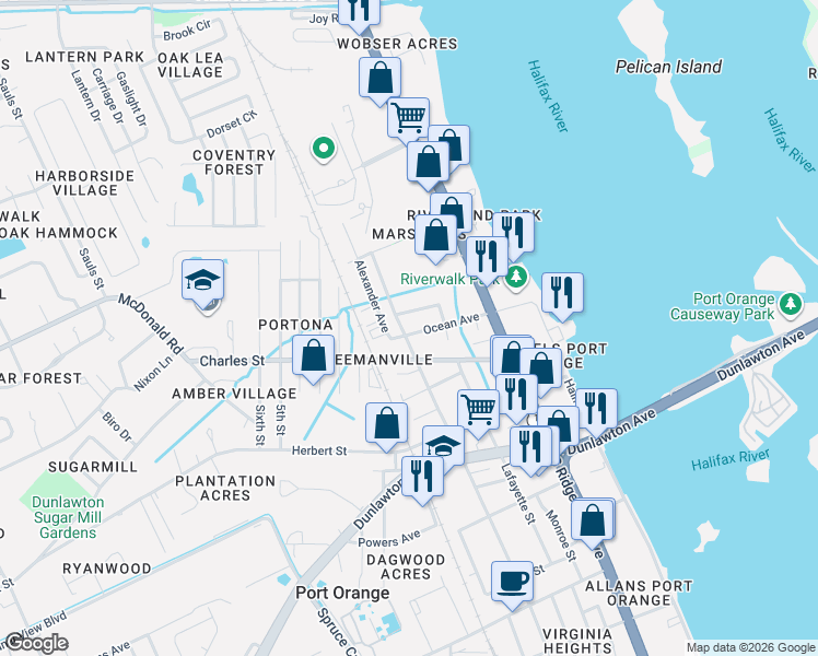 map of restaurants, bars, coffee shops, grocery stores, and more near 308 Magnolia Street in Port Orange