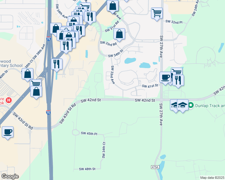 map of restaurants, bars, coffee shops, grocery stores, and more near 4100 Southwest 33rd Avenue in Ocala