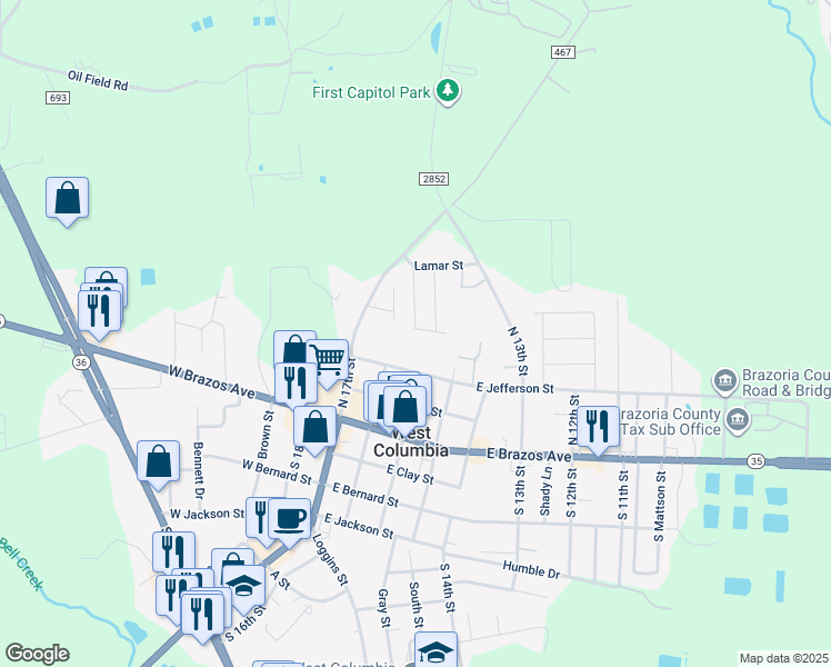 map of restaurants, bars, coffee shops, grocery stores, and more near 301 Milam Street in West Columbia