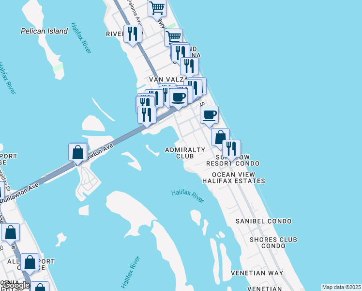 map of restaurants, bars, coffee shops, grocery stores, and more near 3601 South Peninsula Drive in Port Orange