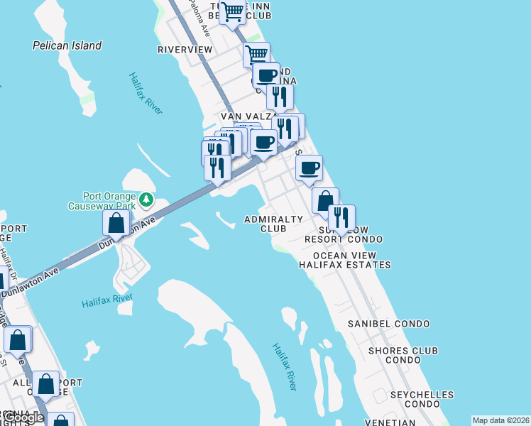 map of restaurants, bars, coffee shops, grocery stores, and more near 3600 South Peninsula Drive in Port Orange