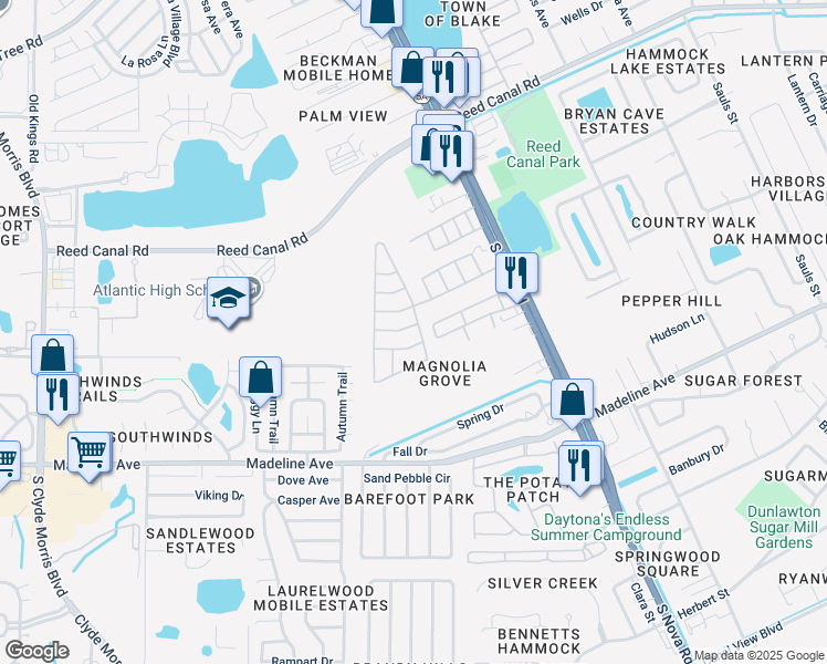map of restaurants, bars, coffee shops, grocery stores, and more near 194 Walton Boulevard in Port Orange