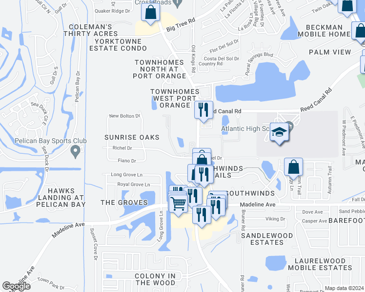 map of restaurants, bars, coffee shops, grocery stores, and more near 1375 Richel Drive in Port Orange