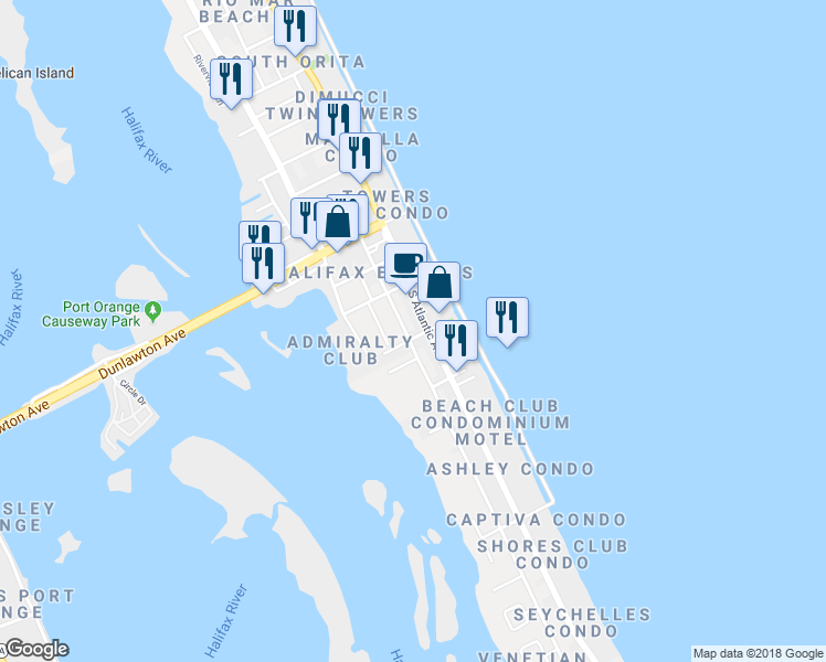 map of restaurants, bars, coffee shops, grocery stores, and more near 3608 Cardinal Boulevard in Daytona Beach