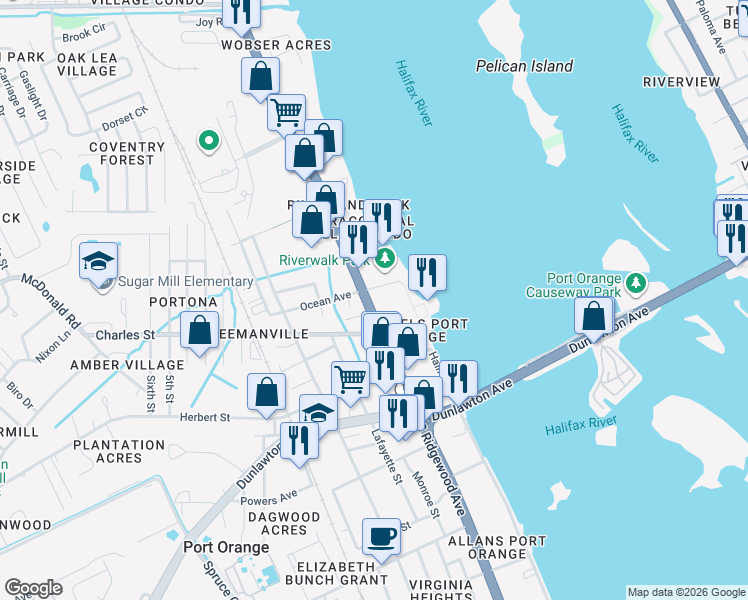 map of restaurants, bars, coffee shops, grocery stores, and more near 3521 South Ridgewood Avenue in Port Orange