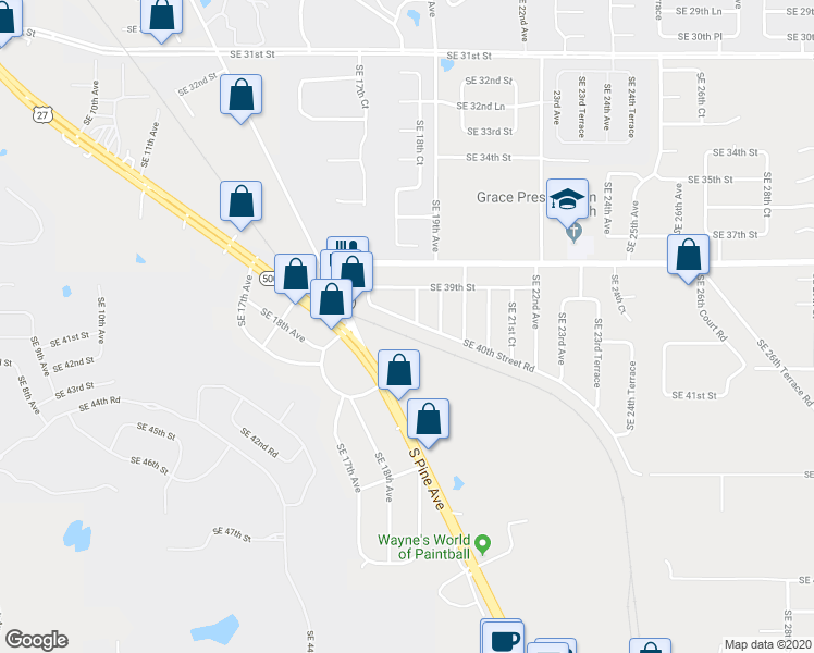 map of restaurants, bars, coffee shops, grocery stores, and more near 1850 Southeast 40th Street Road in Ocala