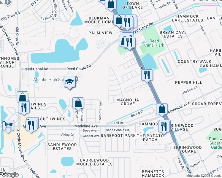 map of restaurants, bars, coffee shops, grocery stores, and more near 202 Skipper Drive in Port Orange