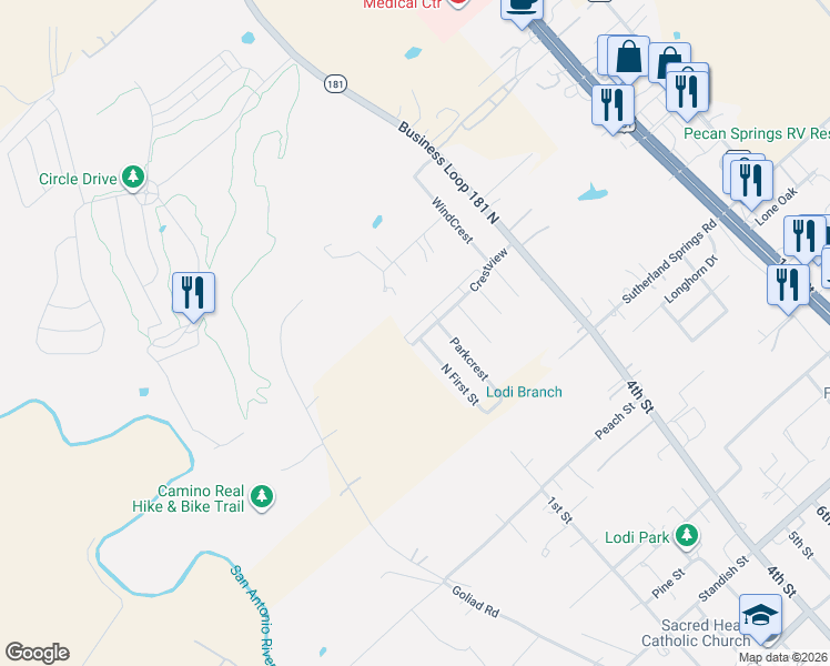 map of restaurants, bars, coffee shops, grocery stores, and more near 776 Crestview in Floresville