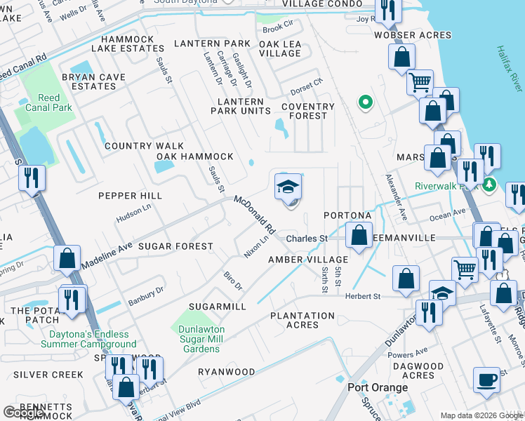 map of restaurants, bars, coffee shops, grocery stores, and more near 945 McDonald Road in Port Orange