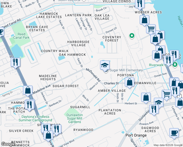 map of restaurants, bars, coffee shops, grocery stores, and more near 945 McDonald Road in Port Orange