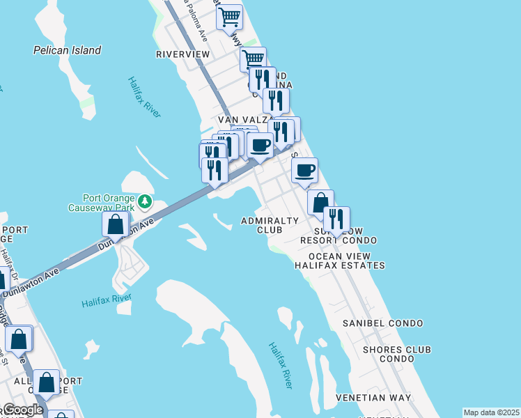 map of restaurants, bars, coffee shops, grocery stores, and more near 3600 South Peninsula Drive in Port Orange