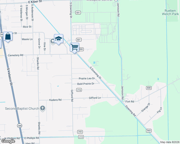 map of restaurants, bars, coffee shops, grocery stores, and more near 1072-1400 South Downing Street in Angleton