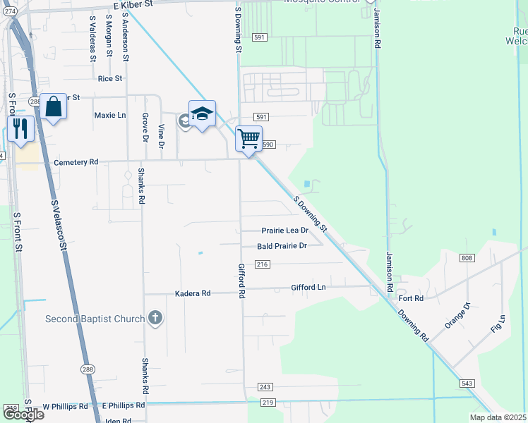 map of restaurants, bars, coffee shops, grocery stores, and more near 145 Prairie Lea Drive in Angleton