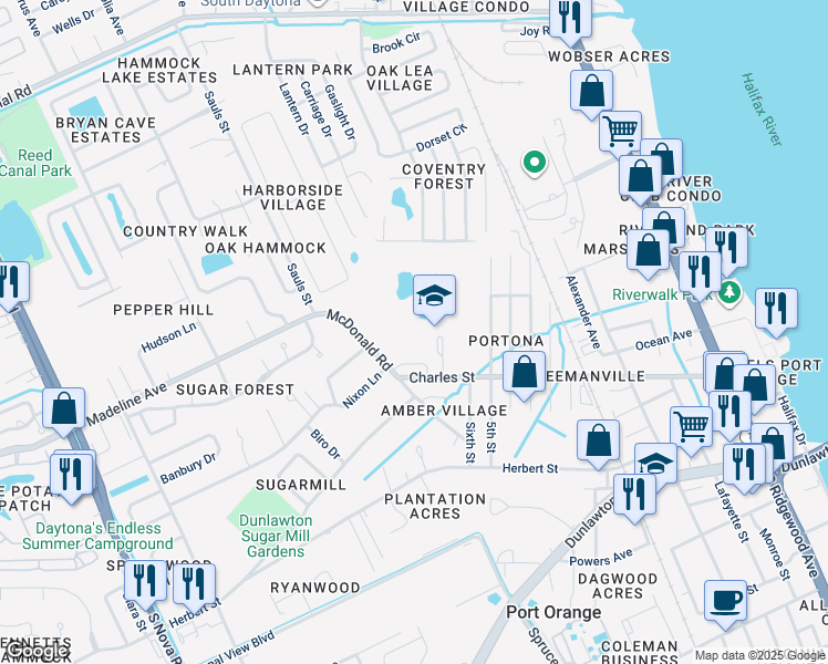 map of restaurants, bars, coffee shops, grocery stores, and more near 1101 Charles Street in Port Orange