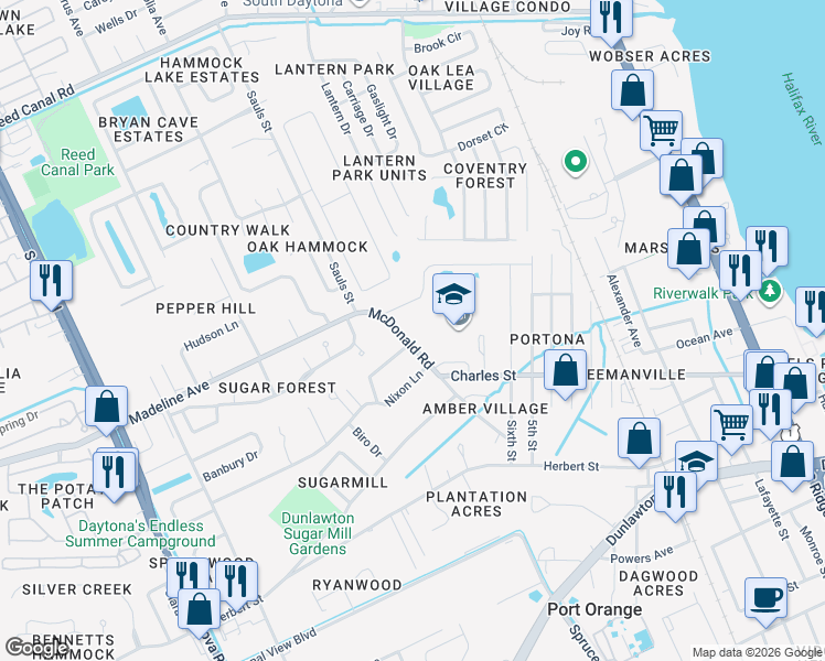 map of restaurants, bars, coffee shops, grocery stores, and more near 945 McDonald Road in Port Orange
