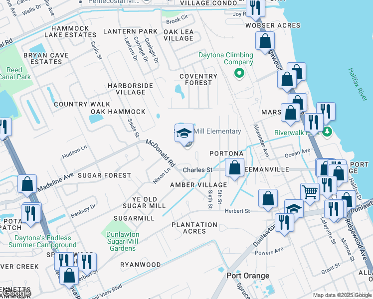 map of restaurants, bars, coffee shops, grocery stores, and more near 1101 Charles Street in Port Orange