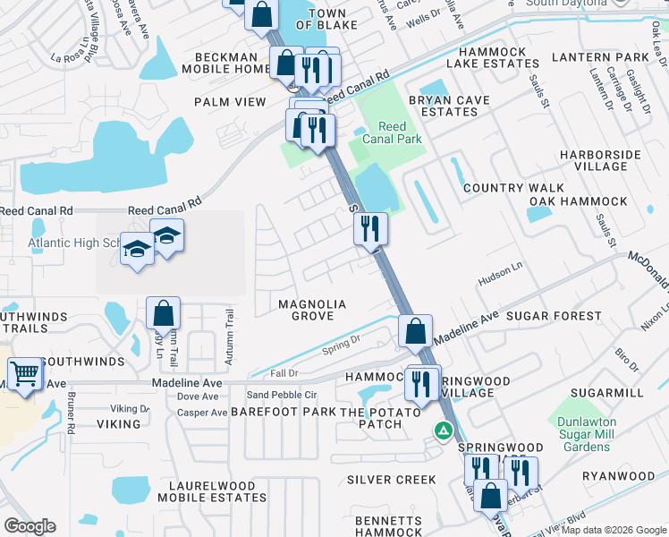 map of restaurants, bars, coffee shops, grocery stores, and more near 3300 South Nova Road in Port Orange