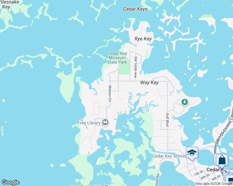 map of restaurants, bars, coffee shops, grocery stores, and more near 16690 Anna Street in Cedar Key