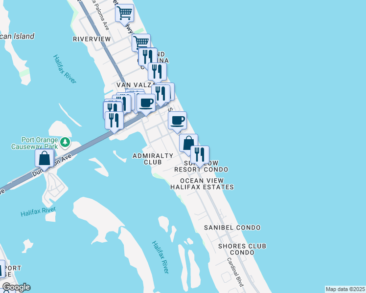 map of restaurants, bars, coffee shops, grocery stores, and more near 3621 South Atlantic Avenue in Daytona Beach Shores