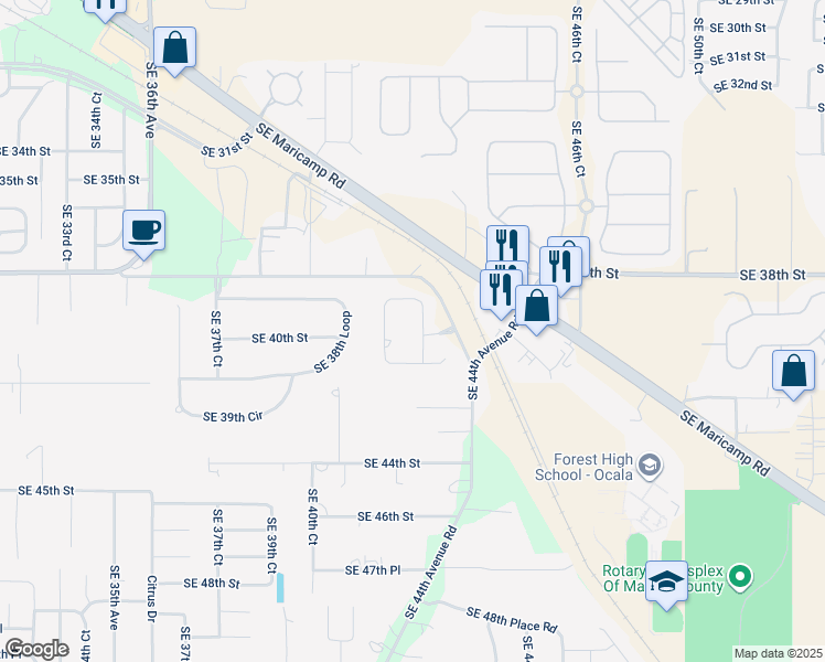 map of restaurants, bars, coffee shops, grocery stores, and more near 3876 Southeast 43rd Circle in Ocala