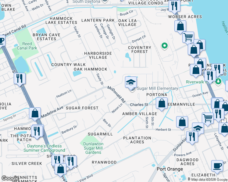 map of restaurants, bars, coffee shops, grocery stores, and more near 945 McDonald Road in Port Orange