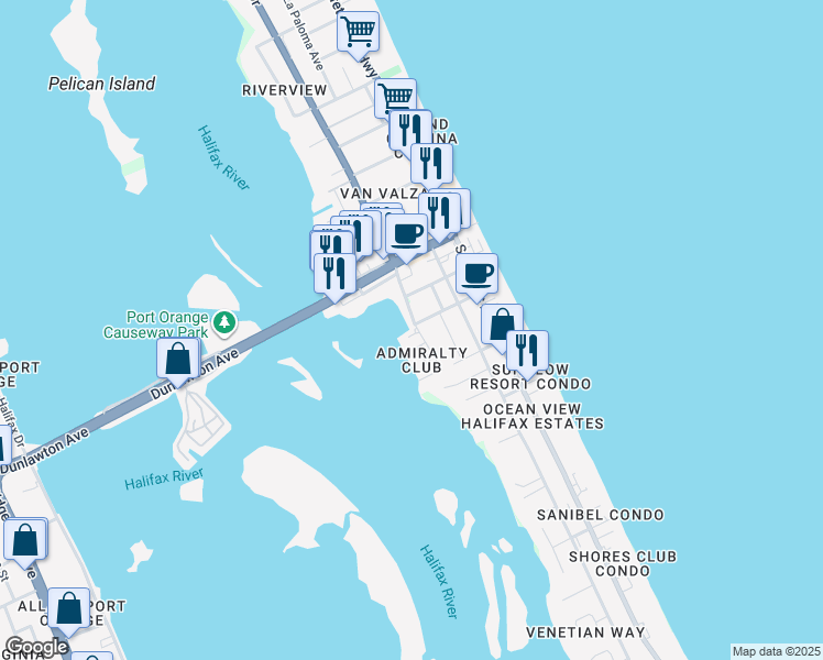 map of restaurants, bars, coffee shops, grocery stores, and more near 3600 South Peninsula Drive in Port Orange
