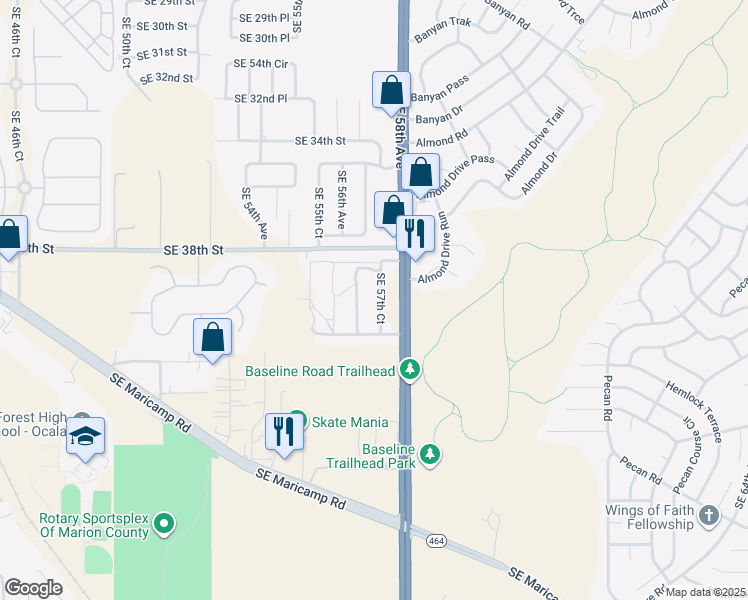 map of restaurants, bars, coffee shops, grocery stores, and more near 3980 Southeast 57th Court in Ocala