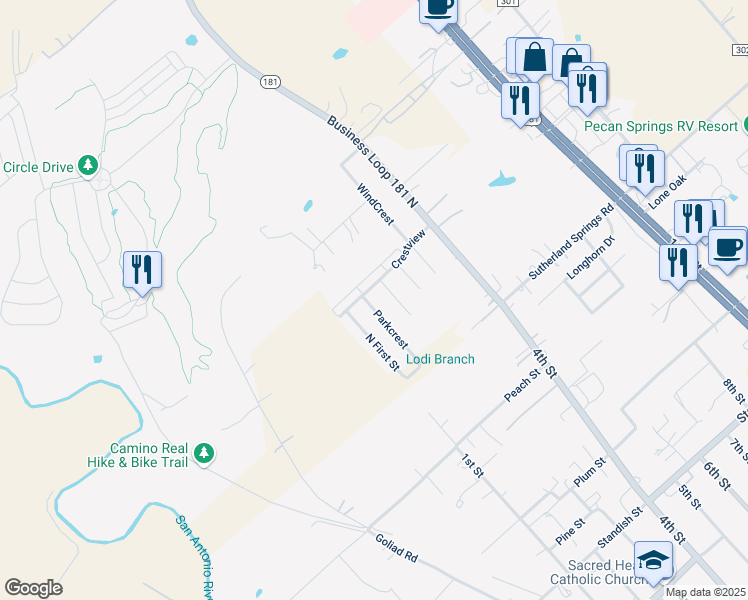 map of restaurants, bars, coffee shops, grocery stores, and more near 105 Parkcrest in Floresville