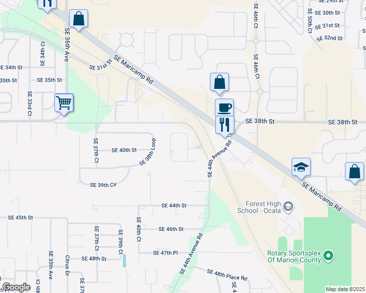 map of restaurants, bars, coffee shops, grocery stores, and more near 3876 Southeast 43rd Circle in Ocala
