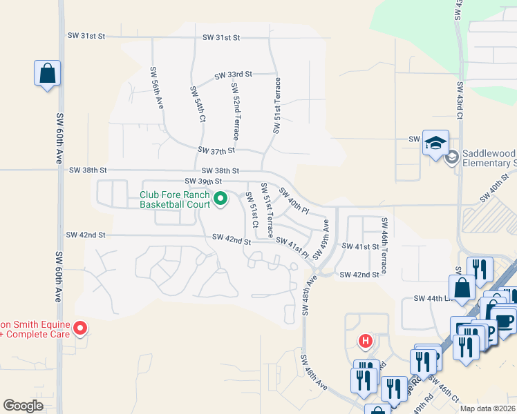 map of restaurants, bars, coffee shops, grocery stores, and more near 4034 Southwest 51st Terrace in Ocala
