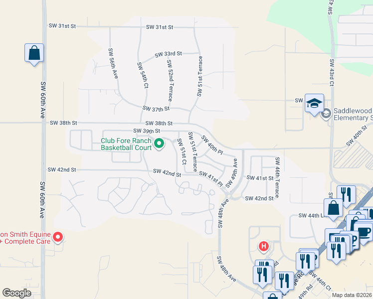 map of restaurants, bars, coffee shops, grocery stores, and more near 4034 Southwest 51st Terrace in Ocala