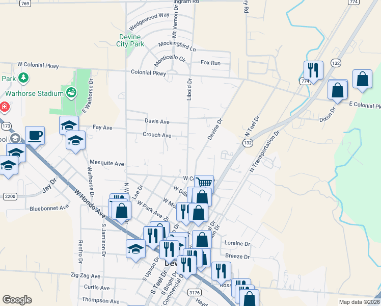 map of restaurants, bars, coffee shops, grocery stores, and more near 700 1/2 Libold Drive in Devine