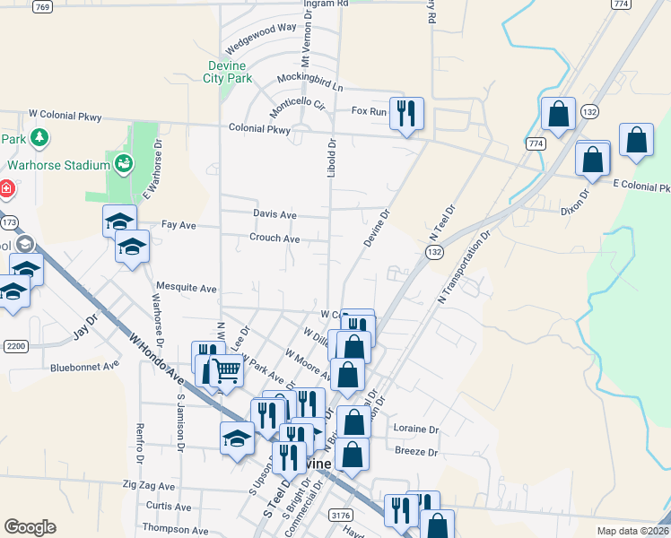 map of restaurants, bars, coffee shops, grocery stores, and more near 700 1/2 Libold Drive in Devine