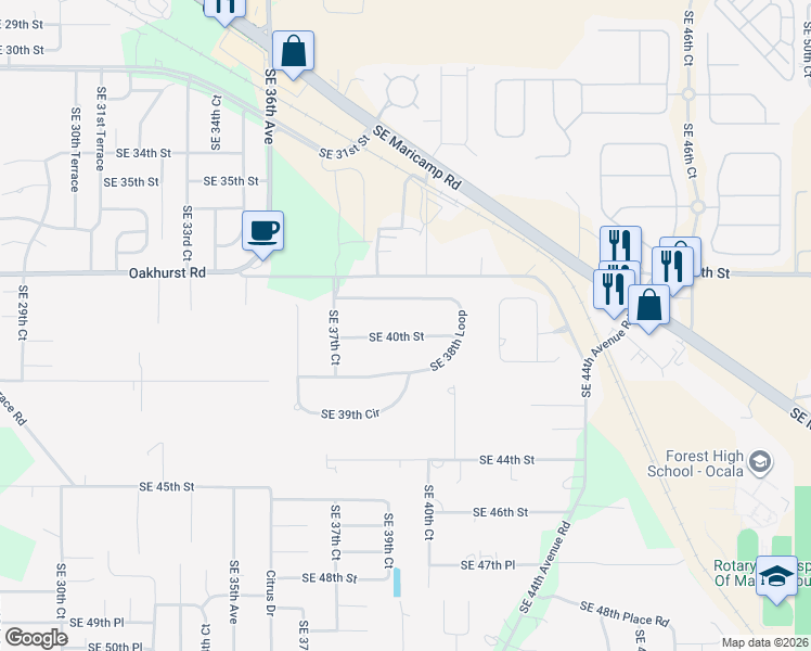 map of restaurants, bars, coffee shops, grocery stores, and more near 3947 Southeast 40th Street in Ocala