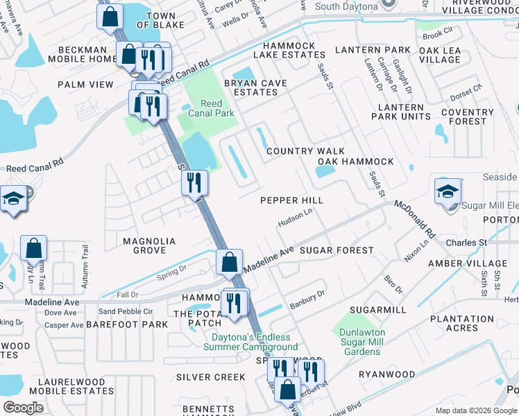 map of restaurants, bars, coffee shops, grocery stores, and more near 3555 Jackson Street in Port Orange