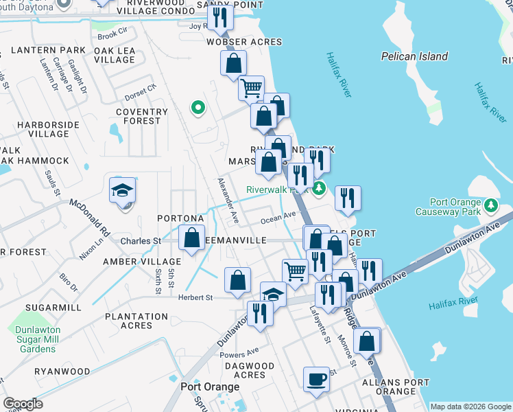 map of restaurants, bars, coffee shops, grocery stores, and more near 308 Magnolia Street in Port Orange