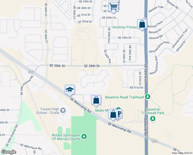 map of restaurants, bars, coffee shops, grocery stores, and more near 4135 Southeast 52nd Court in Ocala