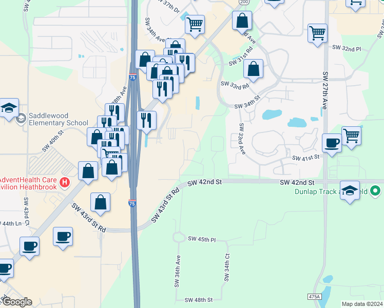 map of restaurants, bars, coffee shops, grocery stores, and more near 3225 Southwest 42nd Street in Ocala