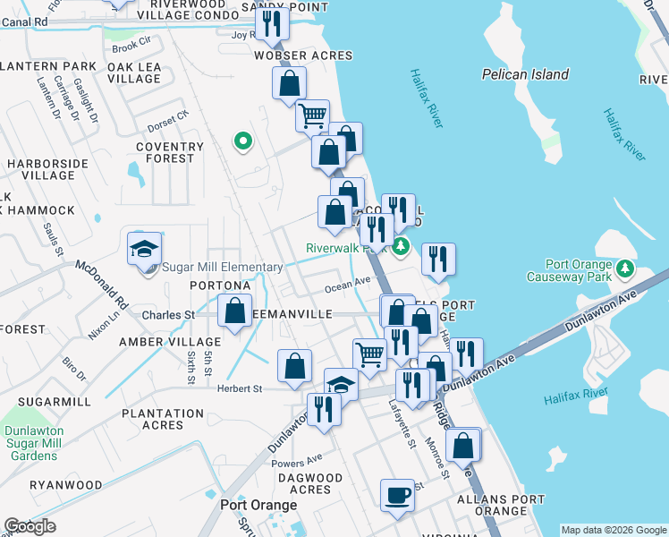 map of restaurants, bars, coffee shops, grocery stores, and more near 302 Magnolia Street in Port Orange