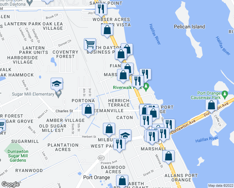 map of restaurants, bars, coffee shops, grocery stores, and more near 311 Magnolia Street in Port Orange