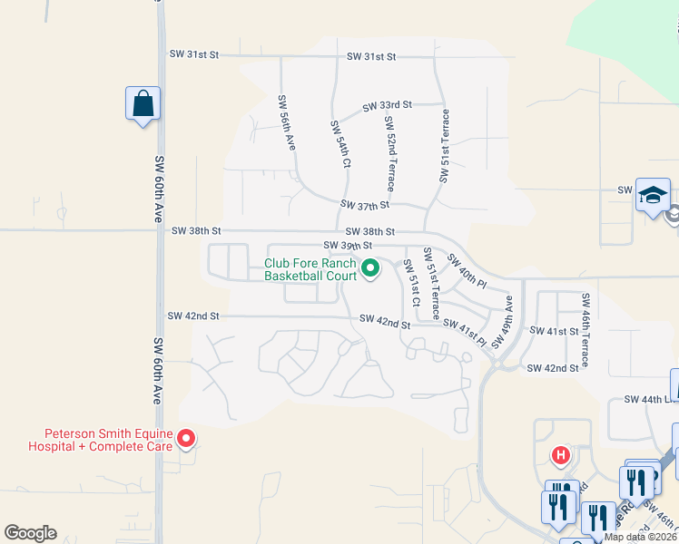 map of restaurants, bars, coffee shops, grocery stores, and more near 5453 Southwest 40th Street in Ocala