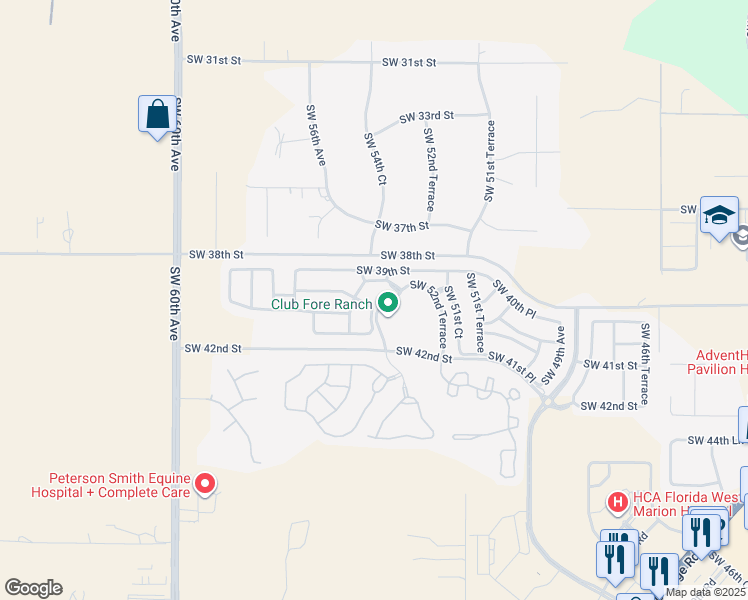 map of restaurants, bars, coffee shops, grocery stores, and more near 5453 Southwest 40th Street in Ocala
