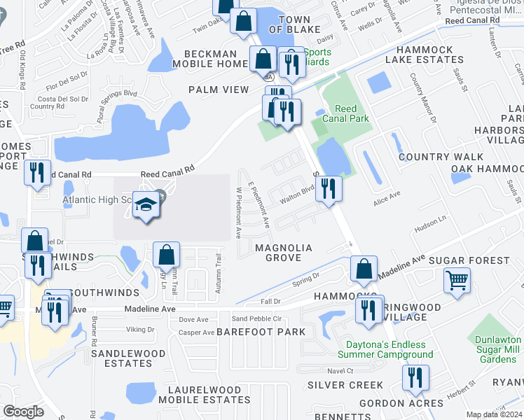 map of restaurants, bars, coffee shops, grocery stores, and more near 3202 South Nova Road in Port Orange