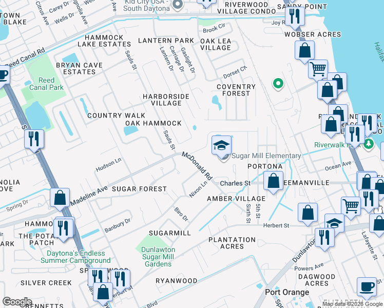 map of restaurants, bars, coffee shops, grocery stores, and more near 945 McDonald Road in Port Orange