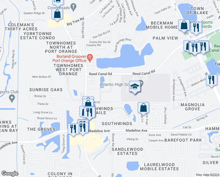 map of restaurants, bars, coffee shops, grocery stores, and more near 1401 Reed Canal Road in Port Orange